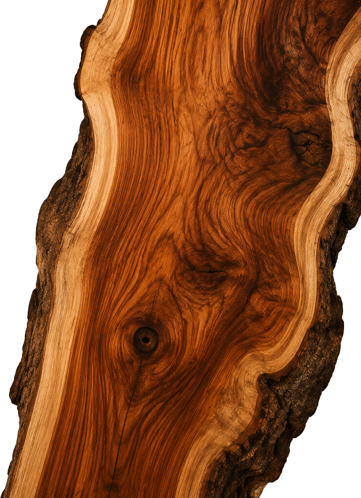 Close-up of a polished live edge hardwood slab showing natural grain and bark edge
